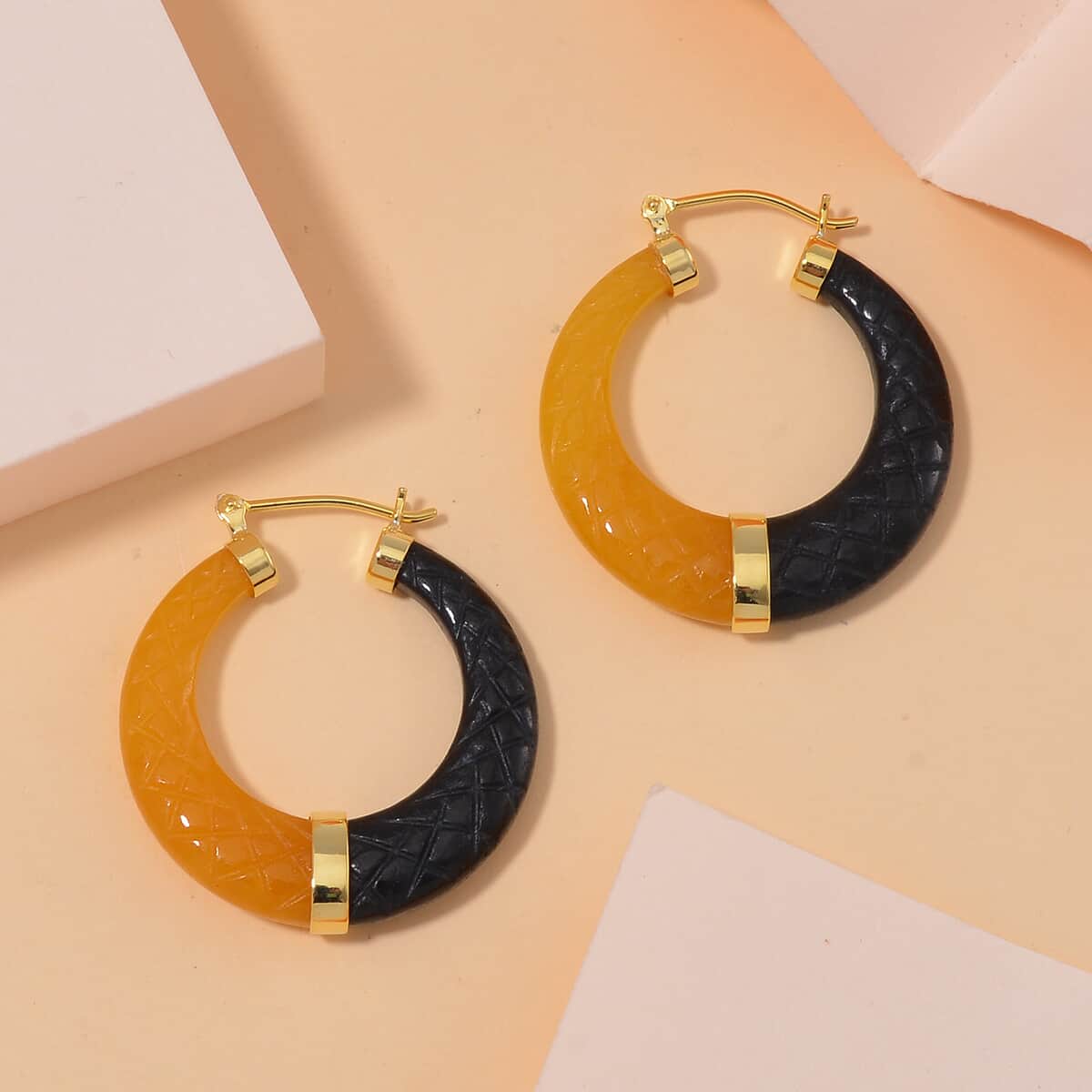 Yellow and Black Jade (D) 104.00 ctw Hoop Earrings in Vermeil Yellow Gold Over Sterling Silver  image number 1