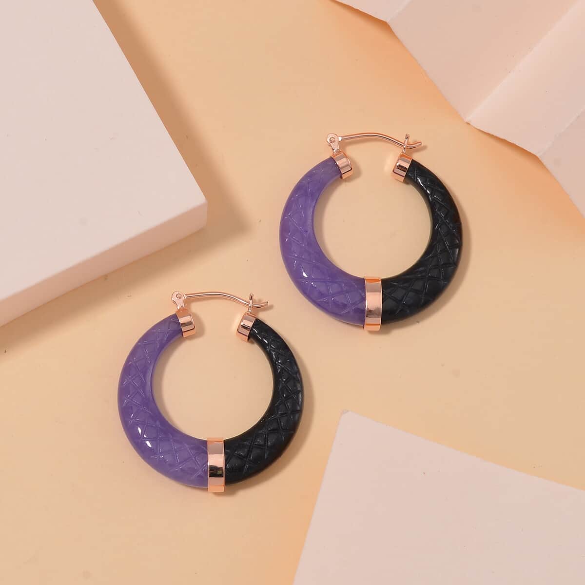 Purple and Black Jade (D) 104.00 ctw Hoop Earrings in Vermeil Rose Gold Over Sterling Silver image number 1