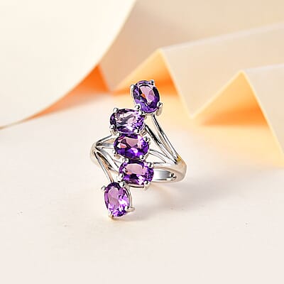 Uruguayan Amethyst 5 Stone Ring in Platinum Over Sterling Silver (Size 10.0) 3.50 ctw