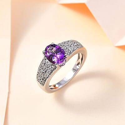 Uruguayan Amethyst and White Zircon Ring in Platinum Over Sterling Silver (Size 10.0) 1.60 ctw