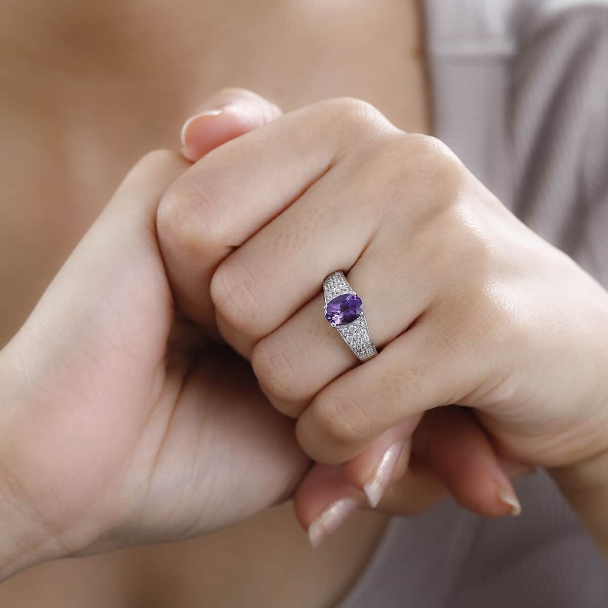 Uruguayan Amethyst, White Zircon Ring in Platinum Over Sterling Silver (Size 10.0) 1.60 ctw image number 2
