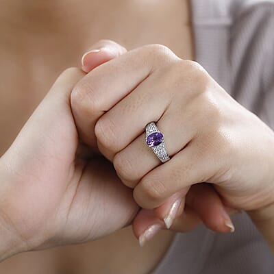 Uruguayan Amethyst and White Zircon Ring in Platinum Over Sterling Silver (Size 10.0) 1.60 ctw