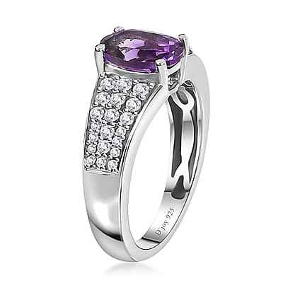 Uruguayan Amethyst and White Zircon Ring in Platinum Over Sterling Silver (Size 10.0) 1.60 ctw