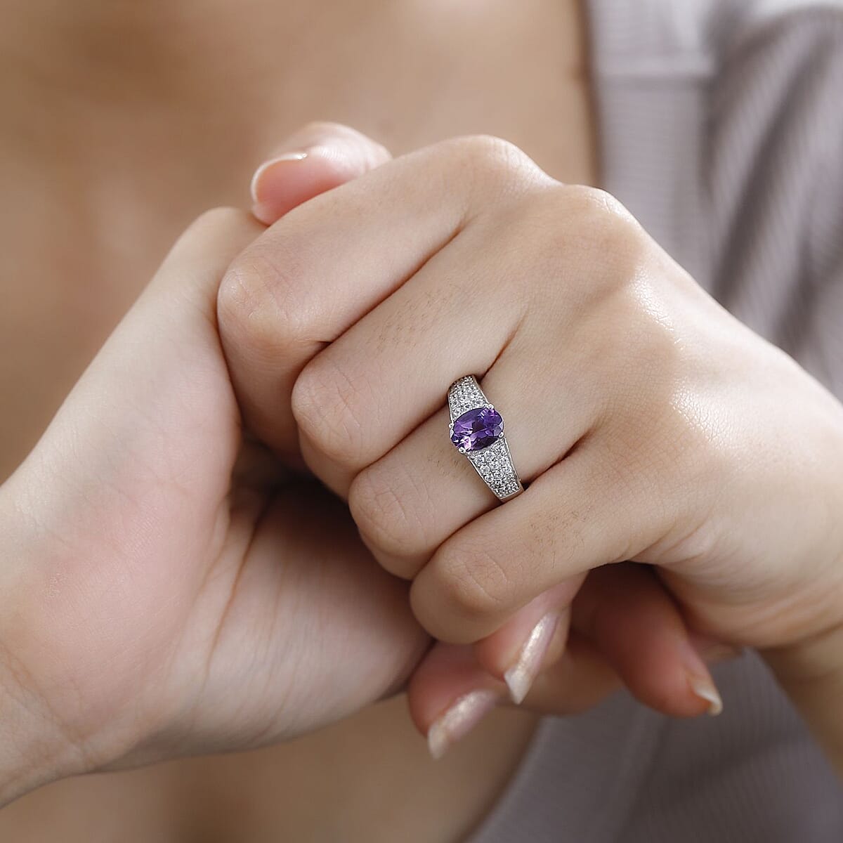 Uruguayan Amethyst and White Zircon Ring in Platinum Over Sterling Silver (Size 7.0) 1.60 ctw image number 2