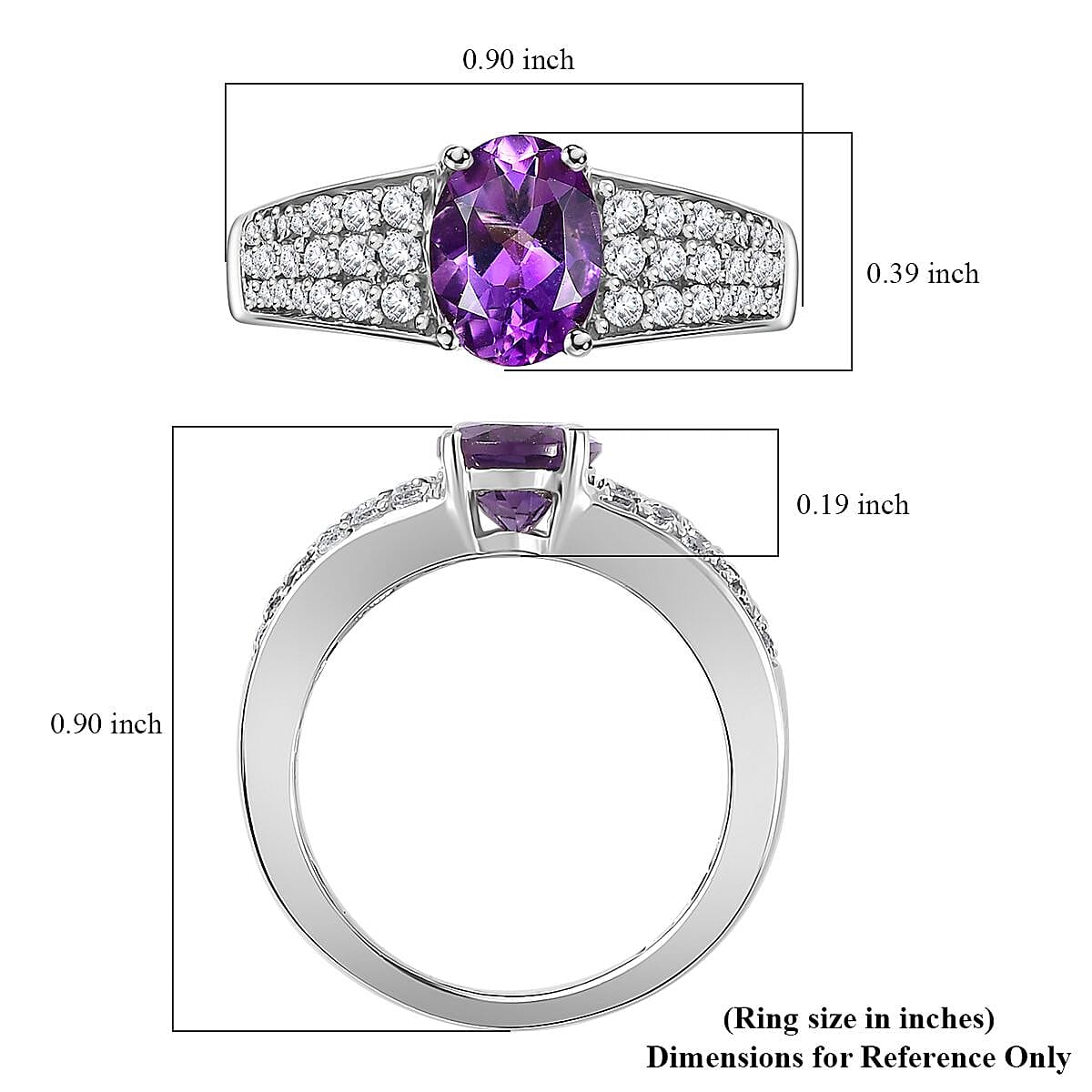 Uruguayan Amethyst and White Zircon Ring in Platinum Over Sterling Silver (Size 8.0) 1.60 ctw image number 5