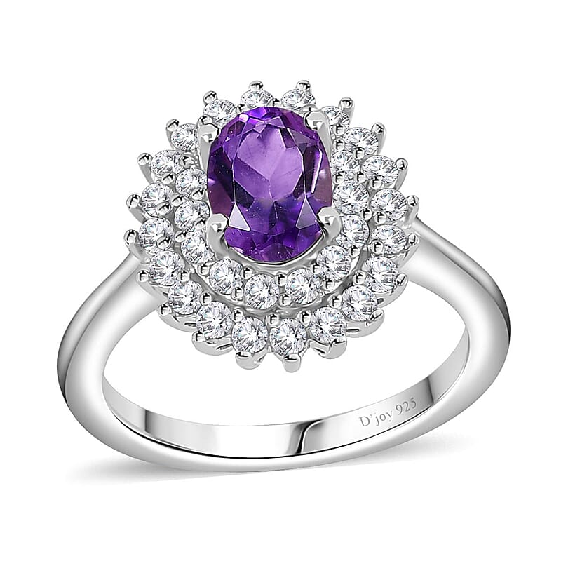 Uruguayan Amethyst and White Zircon Double Halo Ring in Platinum Over Sterling Silver (Size 10.0) 1.35 ctw