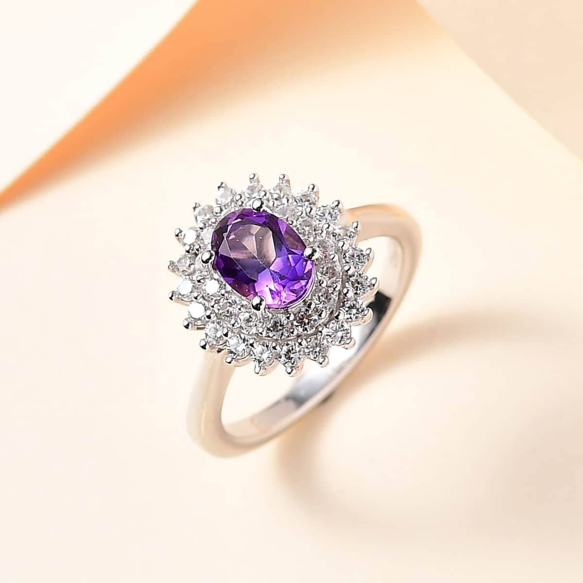 Uruguayan Amethyst and White Zircon Double Halo Ring in Platinum Over Sterling Silver (Size 10.0) 1.35 ctw image number 1