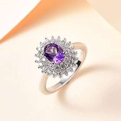 Uruguayan Amethyst and White Zircon Double Halo Ring in Platinum Over Sterling Silver (Size 10.0) 1.35 ctw