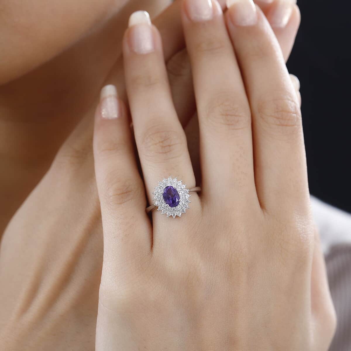 Uruguayan Amethyst and White Zircon Double Halo Ring in Platinum Over Sterling Silver (Size 10.0) 1.35 ctw image number 2