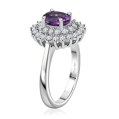 Uruguayan Amethyst and White Zircon Double Halo Ring in Platinum Over Sterling Silver (Size 10.0) 1.35 ctw