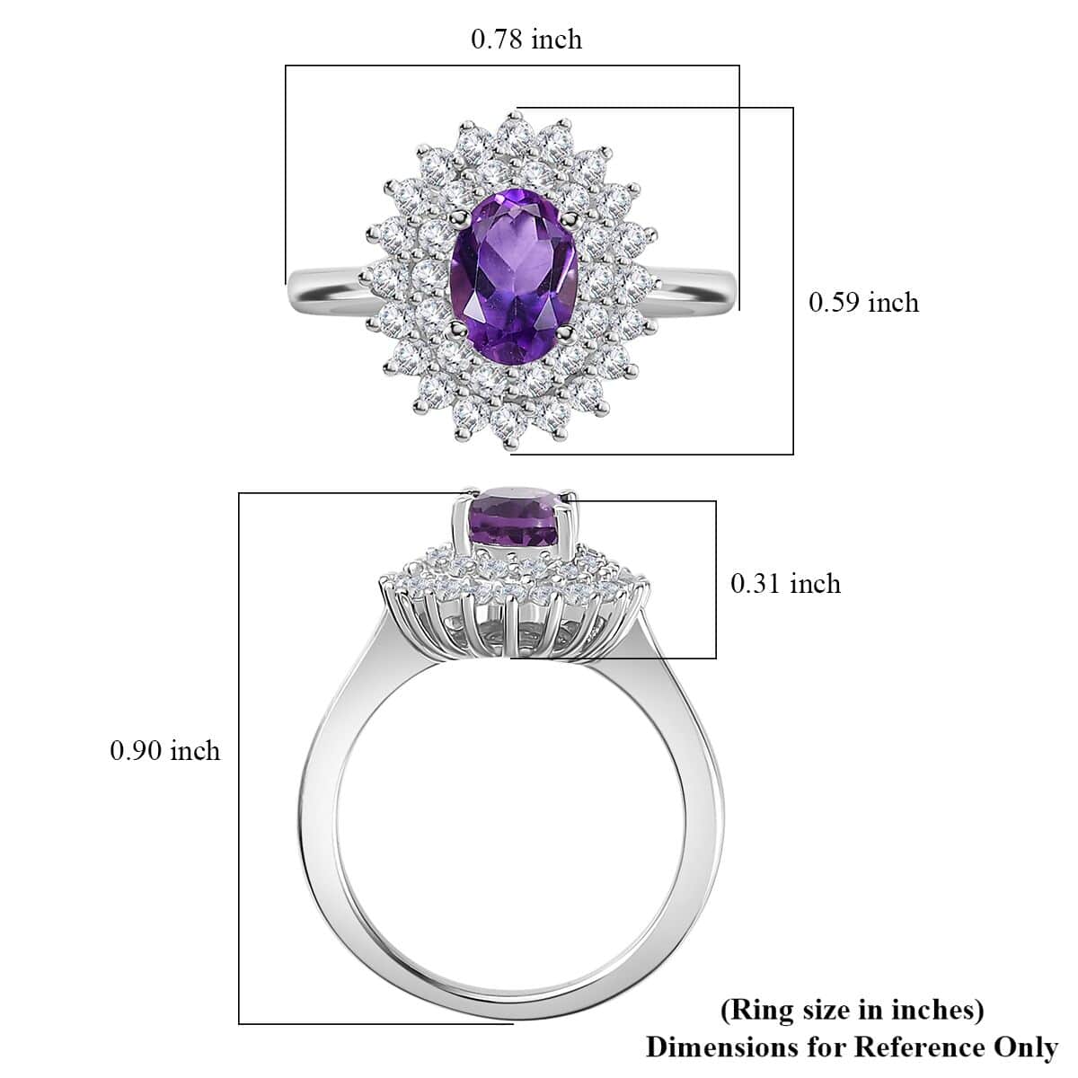 Uruguayan Amethyst and White Zircon Double Halo Ring in Platinum Over Sterling Silver (Size 10.0) 1.35 ctw image number 5