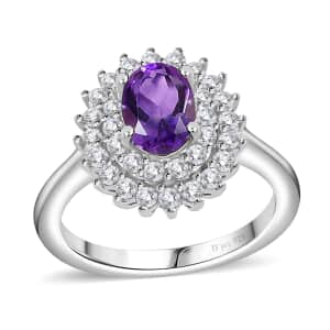 Uruguayan Amethyst and White Zircon Double Halo Ring in Platinum Over Sterling Silver (Size 9.0) 1.35 ctw