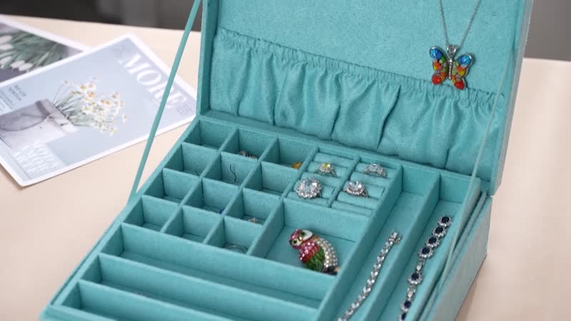 Blue 2 Tier Faux Velvet Multiple Compartment Jewelry Box with Lock and Key