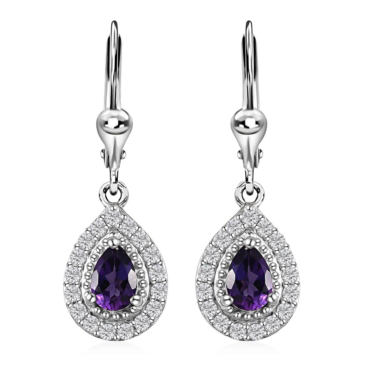 Uruguayan Amethyst and White Zircon Lever Back Earrings in Platinum Over Sterling Silver 1.50 ctw image number 0