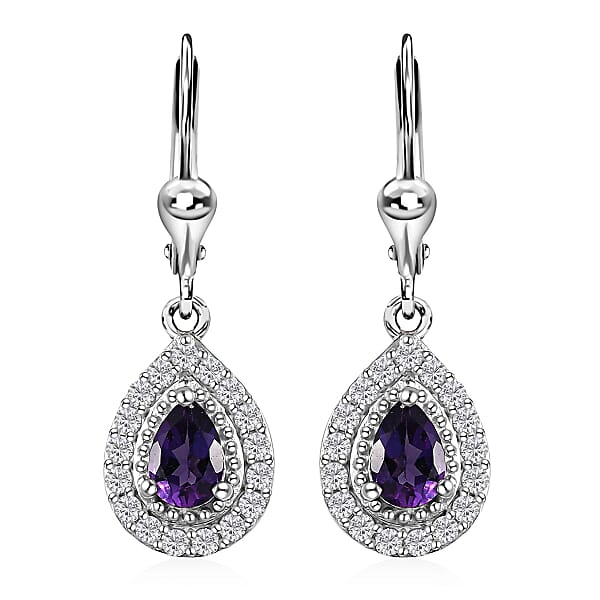 Uruguayan Amethyst and White Zircon Lever Back Earrings in Platinum Over Sterling Silver 1.50 ctw
