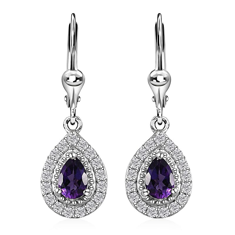 Uruguayan Amethyst and White Zircon Lever Back Earrings in Platinum Over Sterling Silver 1.50 ctw