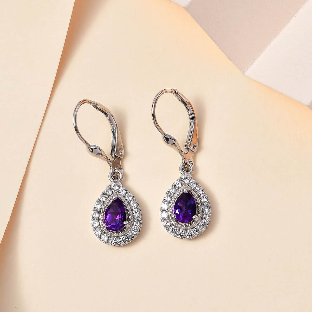 Uruguayan Amethyst and White Zircon Lever Back Earrings in Platinum Over Sterling Silver 1.50 ctw image number 1