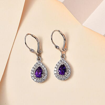 Uruguayan Amethyst and White Zircon Lever Back Earrings in Platinum Over Sterling Silver 1.50 ctw