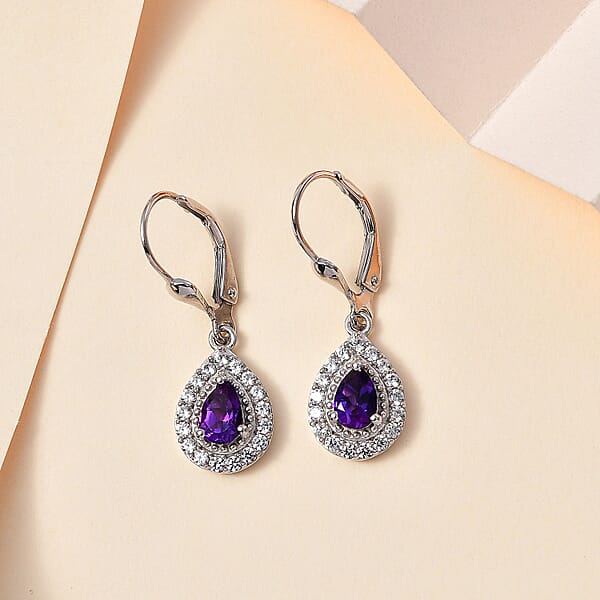 Uruguayan Amethyst and White Zircon Lever Back Earrings in Platinum Over Sterling Silver 1.50 ctw