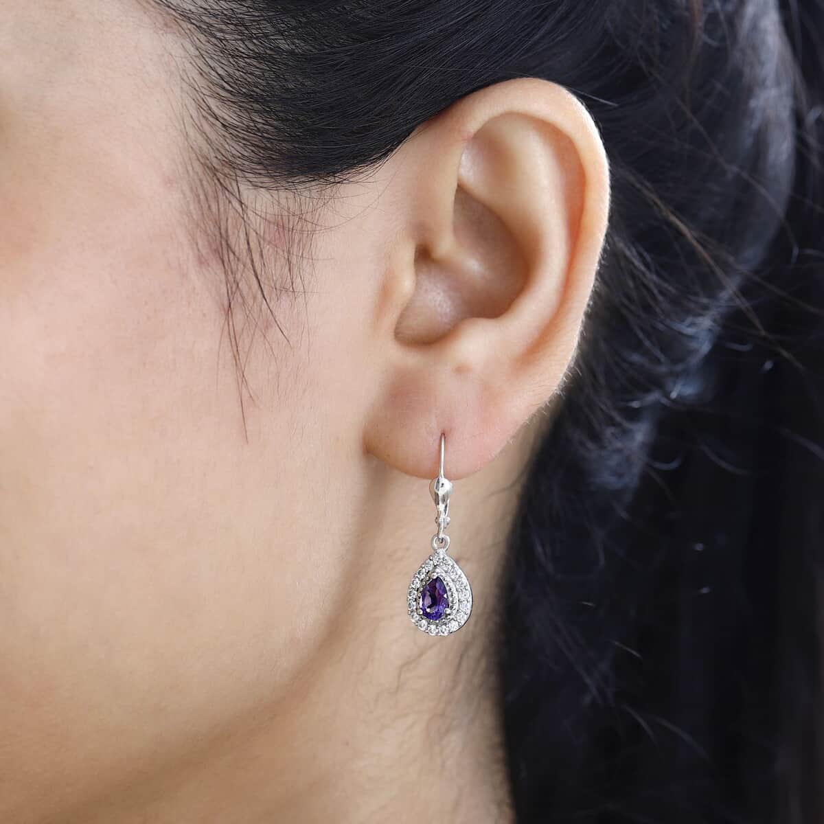 Uruguayan Amethyst and White Zircon Lever Back Earrings in Platinum Over Sterling Silver 1.50 ctw image number 2