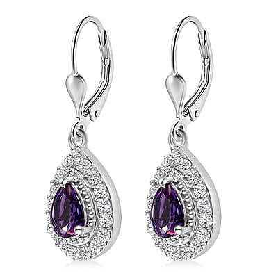 Uruguayan Amethyst and White Zircon Lever Back Earrings in Platinum Over Sterling Silver 1.50 ctw