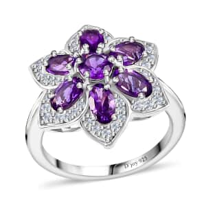 Uruguayan Amethyst and White Zircon Daisy Floral Ring in Platinum Over Sterling Silver (Size 10.0) 1.90 ctw