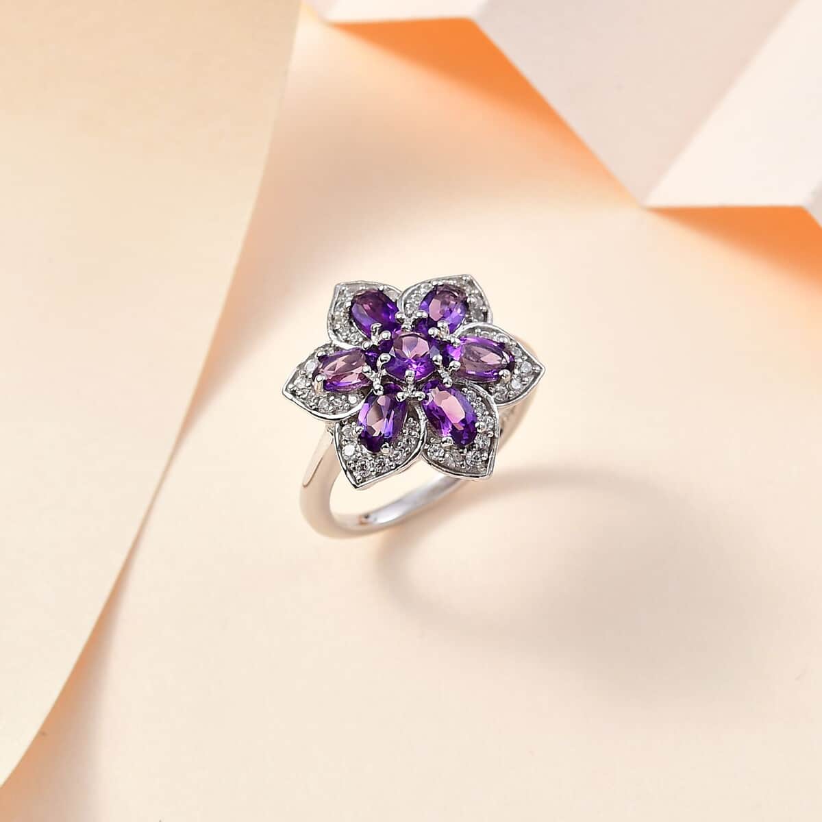 Uruguayan Amethyst and White Zircon Daisy Floral Ring in Platinum Over Sterling Silver (Size 10.0) 1.90 ctw image number 1