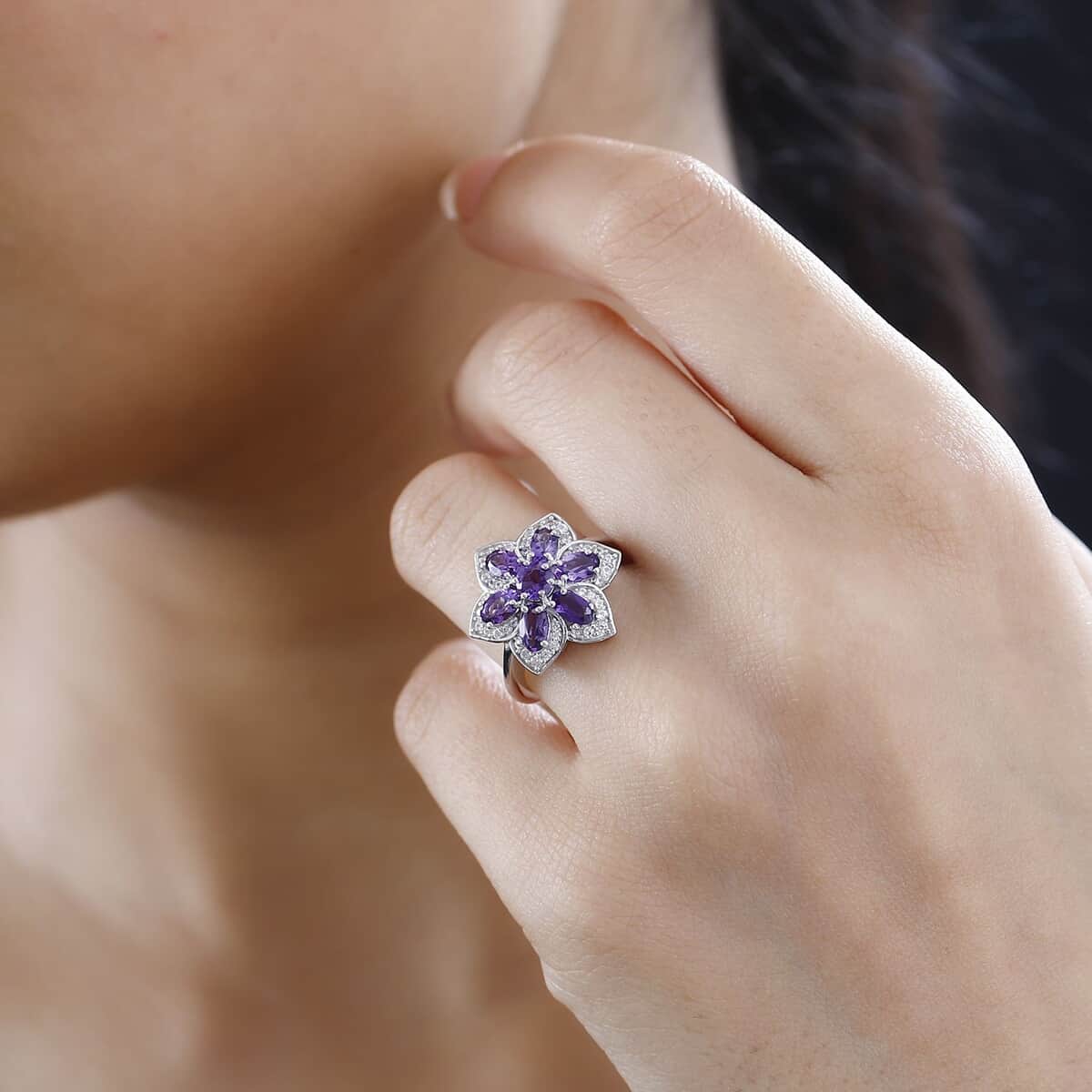 Uruguayan Amethyst and White Zircon Daisy Floral Ring in Platinum Over Sterling Silver (Size 10.0) 1.90 ctw image number 2