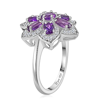 Uruguayan Amethyst and White Zircon Daisy Floral Ring in Platinum Over Sterling Silver (Size 10.0) 1.90 ctw