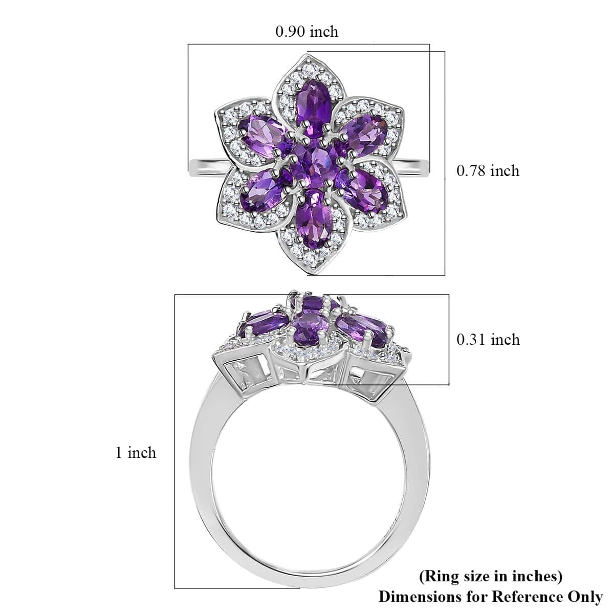 Uruguayan Amethyst, White Zircon Floral Ring in Platinum Over Sterling Silver (Size 10.0) 1.90 ctw image number 5