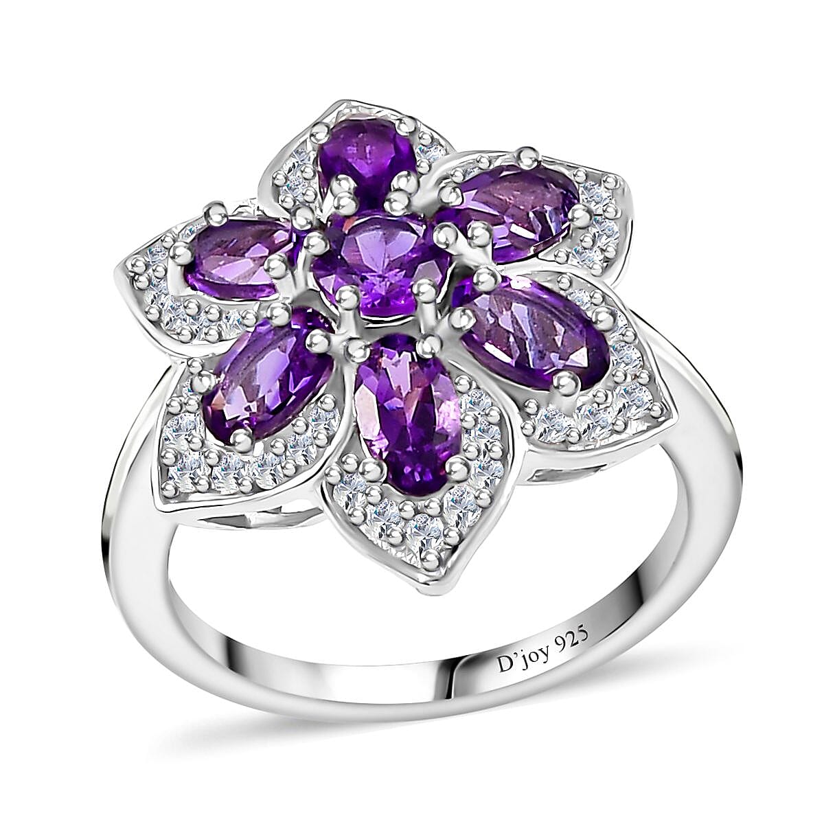 Uruguayan Amethyst and White Zircon Daisy Floral Ring in Platinum Over Sterling Silver (Size 8.0) 1.90 ctw image number 0