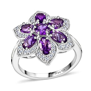 Uruguayan Amethyst and White Zircon Daisy Floral Ring in Platinum Over Sterling Silver (Size 8.0) 1.90 ctw