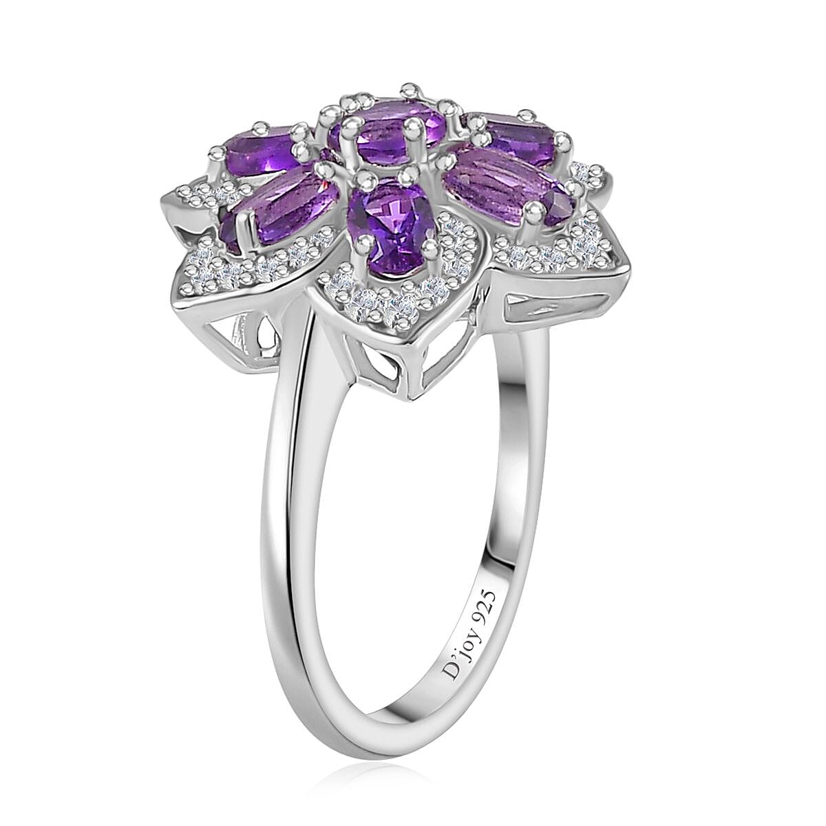 Uruguayan Amethyst and White Zircon Daisy Floral Ring in Platinum Over Sterling Silver (Size 8.0) 1.90 ctw image number 3