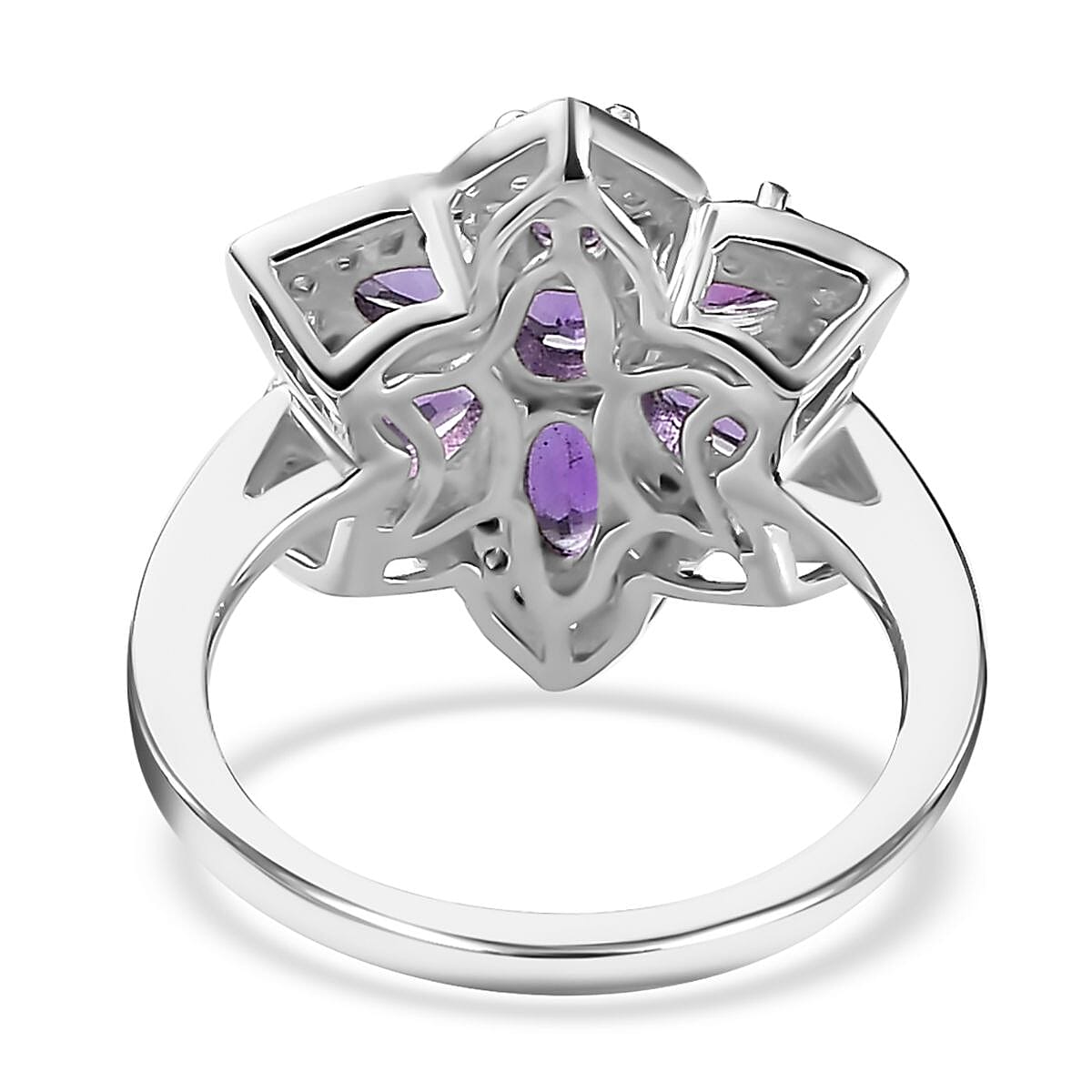 Uruguayan Amethyst and White Zircon Daisy Floral Ring in Platinum Over Sterling Silver (Size 8.0) 1.90 ctw image number 4