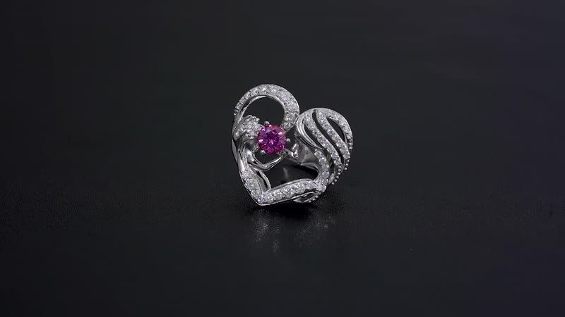 Pink Moissanite (Rnd 6.5mm), White Moissanite Mother and Child Love Heart Ring in Rhodium Over Sterling Silver (Size 8.0) 2.10 ctw
