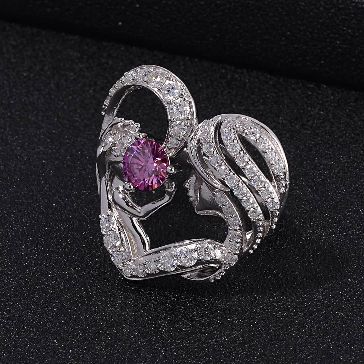 Pink Moissanite (Rnd 6.5mm), White Moissanite Mother and Child Love Heart Ring in Rhodium Over Sterling Silver (Size 8.0) 2.10 ctw image number 1
