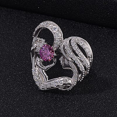 Pink Moissanite and White Moissanite Mother and Child Love Heart Ring in Rhodium Over Sterling Silver (Size 10.0) 2.10 ctw