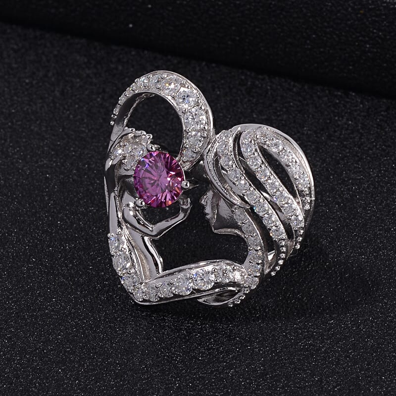 Pink Moissanite and White Moissanite Mother and Child Love Heart Ring in Rhodium Over Sterling Silver (Size 10.0) 2.10 ctw