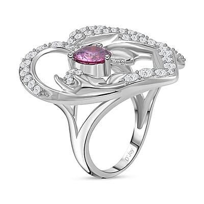 Pink Moissanite and White Moissanite Mother and Child Love Heart Ring in Rhodium Over Sterling Silver (Size 10.0) 2.10 ctw