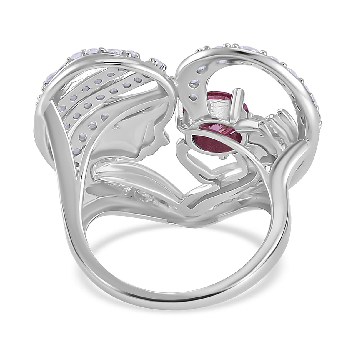 Pink Moissanite and White Moissanite Mother and Child Love Heart Ring in Rhodium Over Sterling Silver (Size 10.0) 2.10 ctw