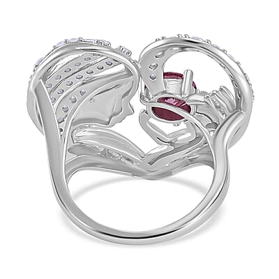 Pink Moissanite and White Moissanite Mother and Child Love Heart Ring in Rhodium Over Sterling Silver (Size 10.0) 2.10 ctw