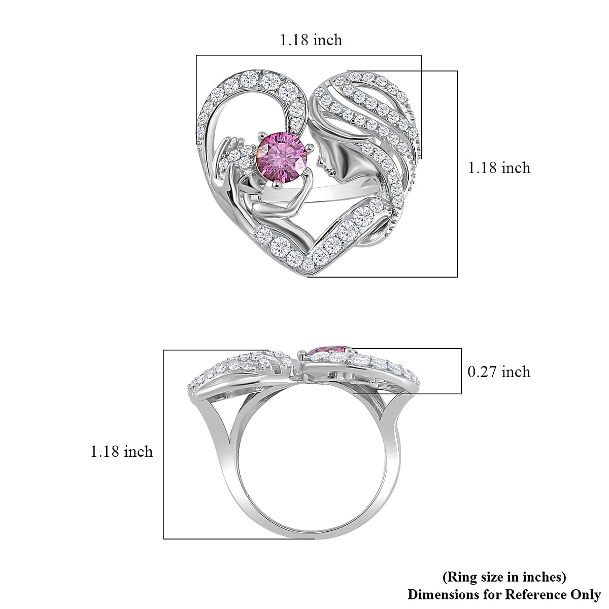 Pink Moissanite and White Moissanite Mother and Child Love Heart Ring in Rhodium Over Sterling Silver (Size 10.0) 2.10 ctw