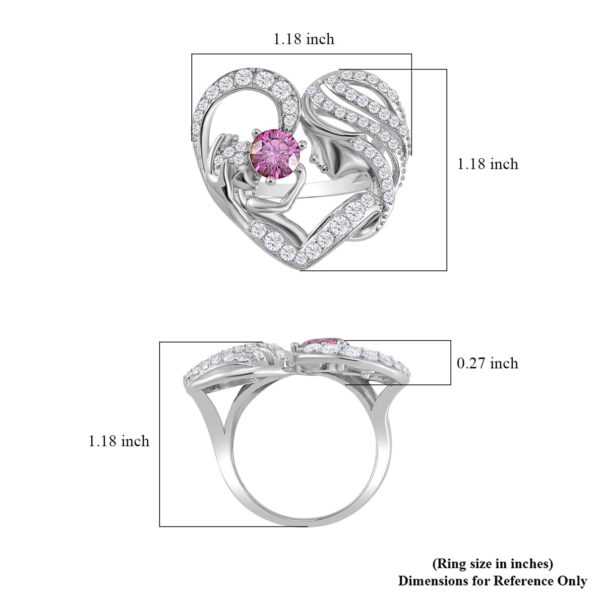 Pink Moissanite and White Moissanite Mother and Child Love Heart Ring in Rhodium Over Sterling Silver (Size 10.0) 2.10 ctw image number 5