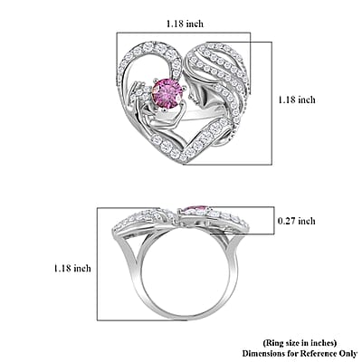Pink Moissanite and White Moissanite Mother and Child Love Heart Ring in Rhodium Over Sterling Silver (Size 10.0) 2.10 ctw