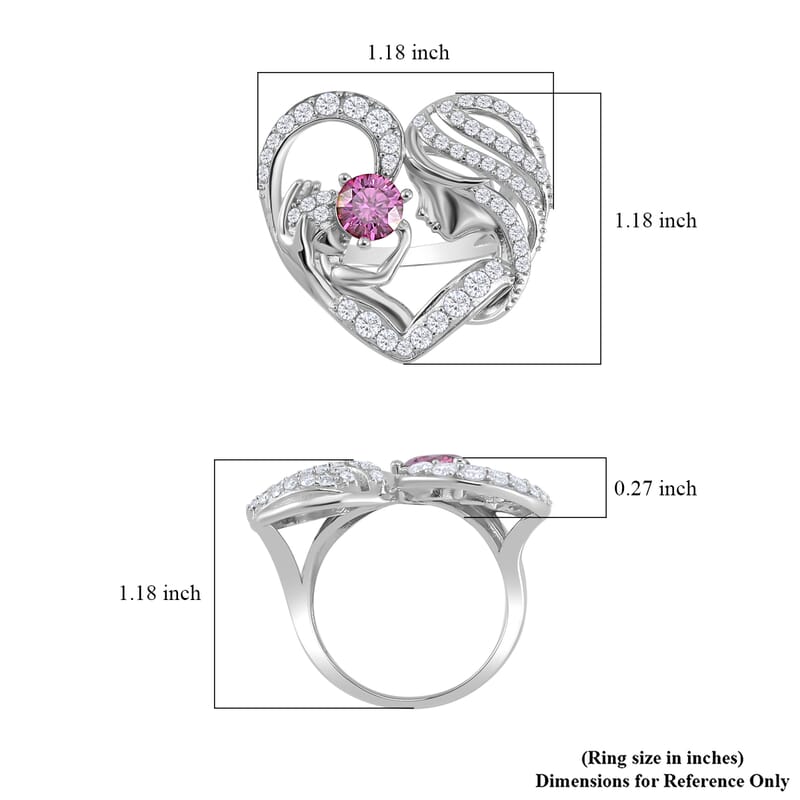 Pink Moissanite and White Moissanite Mother and Child Love Heart Ring in Rhodium Over Sterling Silver (Size 10.0) 2.10 ctw