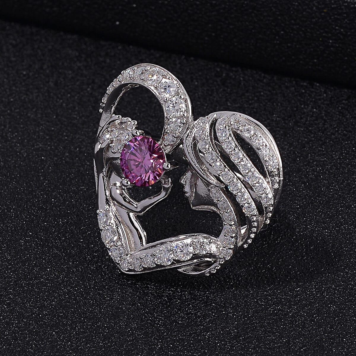 Pink Moissanite and White Moissanite Mother and Child Love Heart Ring in Rhodium Over Sterling Silver (Size 7.0) 2.10 ctw image number 1