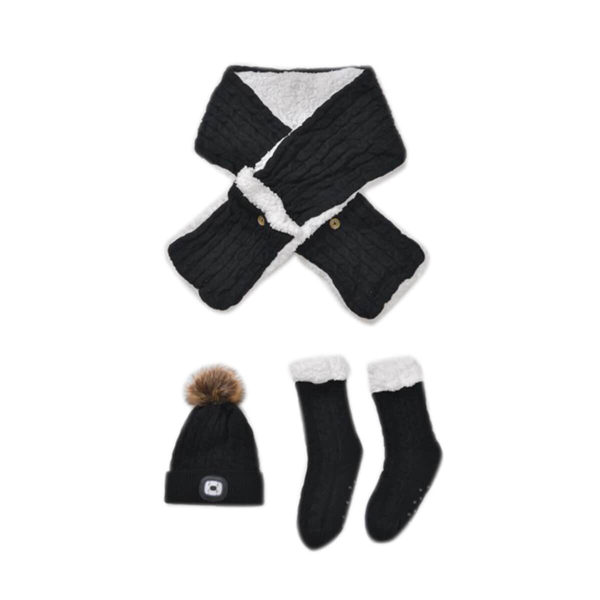 Black Acrylic Scarf with Pockets, Socks and LED Beanie Hat image number 0