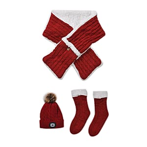 Red Acrylic Scarf with Pockets, Socks and LED Beanie Hat