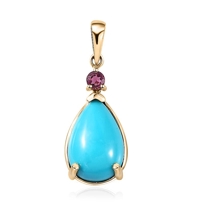 Luxoro 10K Yellow Gold Premium Sleeping Beauty Turquoise and Premium Ouro Fino Rubellite Drop Pendant without Chain 2.80 ctw