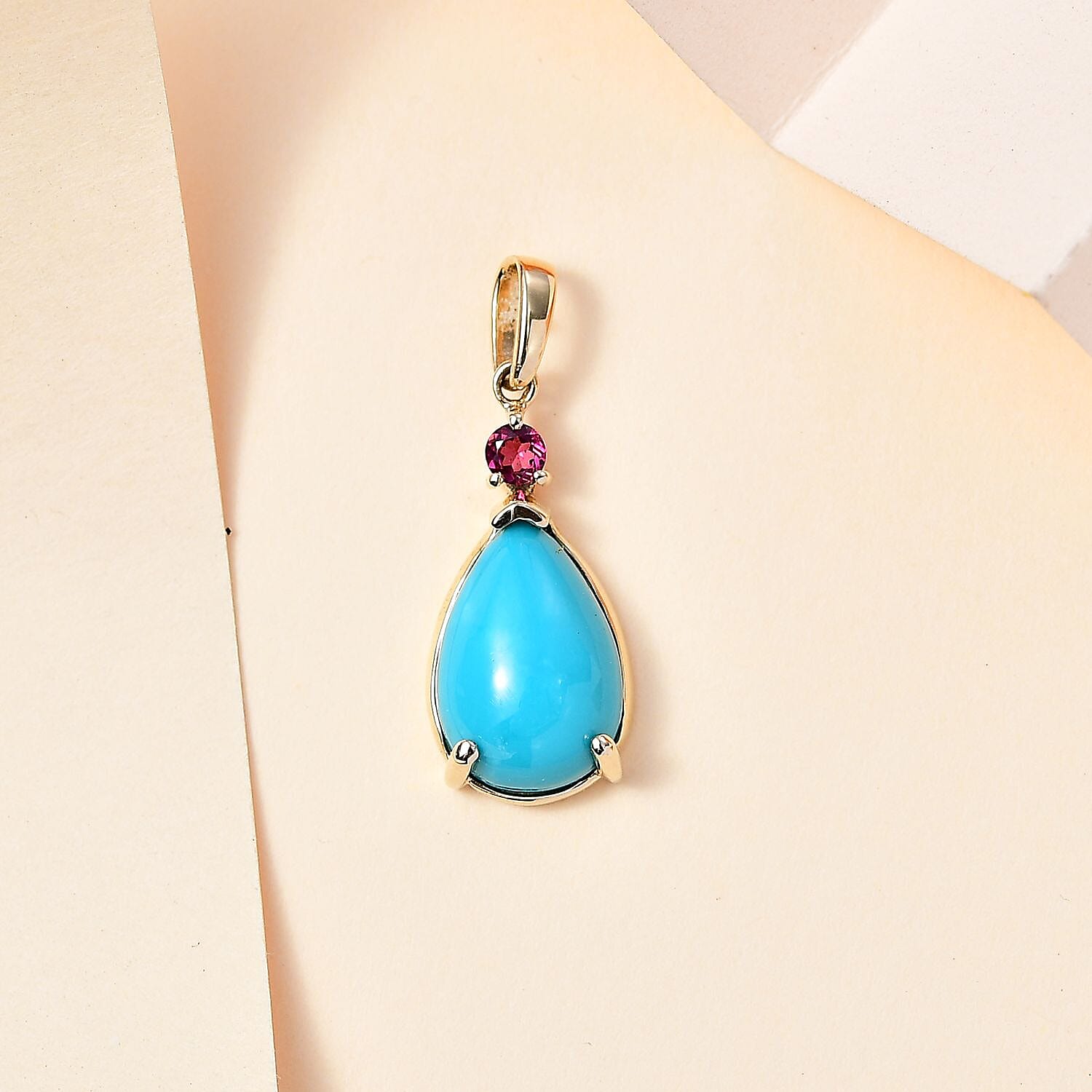 Luxoro 10K Yellow Gold Premium Sleeping Beauty Turquoise and Premium Ouro Fino Rubellite Drop Pendant without Chain 2.80 ctw